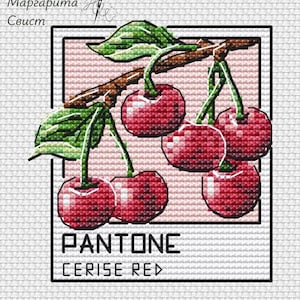 May include: Cross-stitch design of a cluster of ripe cherries on a branch with green leaves. The design is framed in a square with the text "PANTONE CERISE RED" at the bottom. The cherries are a vibrant red colour.