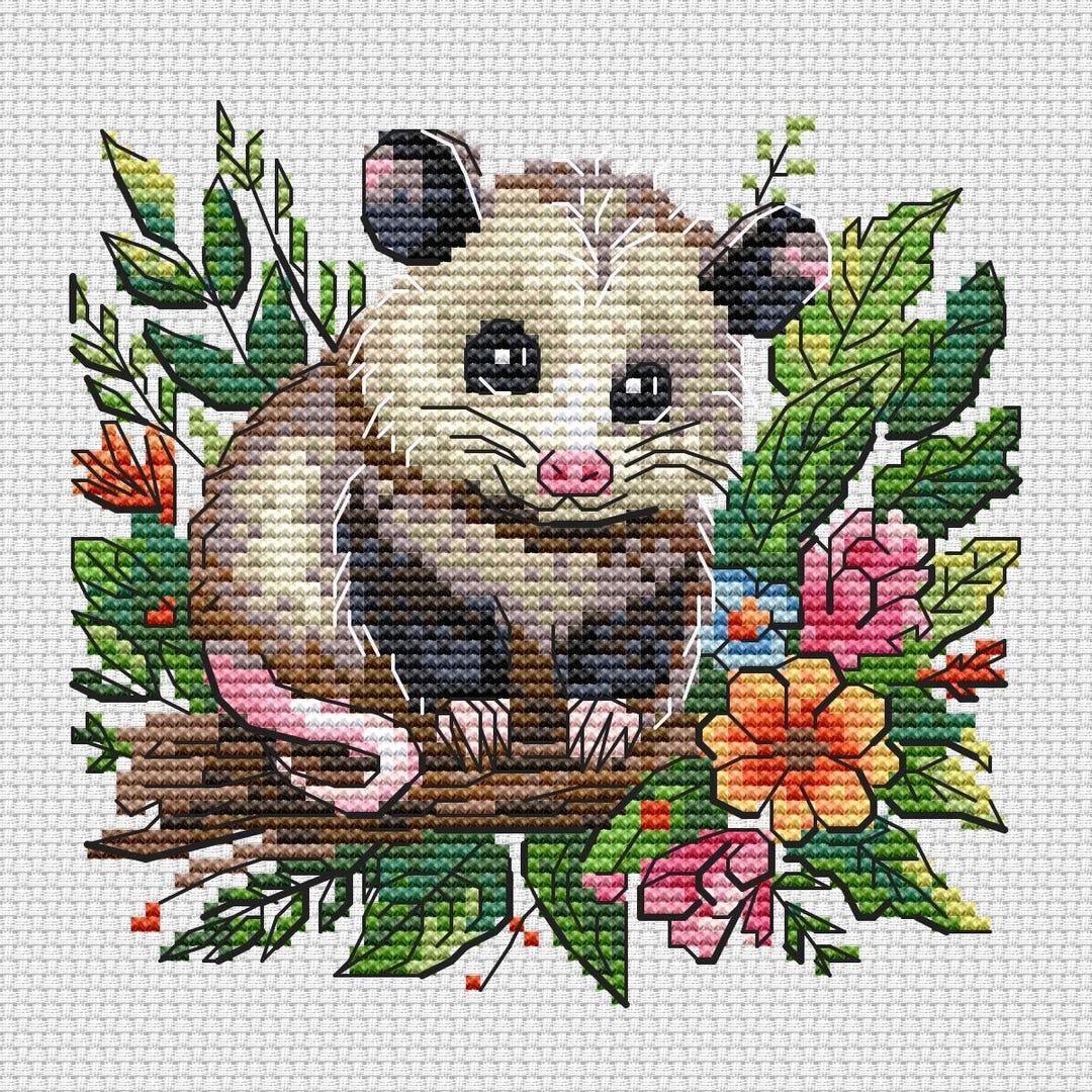 Baby Opossum Cross Stitch Pattern , Animal With Flowers Embroidery ...