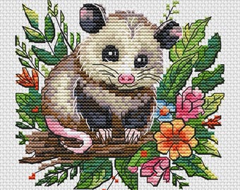 Baby Opossum Cross Stitch Pattern , Animal with flowers Embroidery , PDF file ; saga file