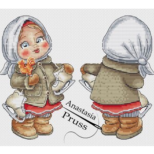 Könnte beinhalten: Ein Kreuzstichmuster mit einem Mädchen, das einen weißen Hut und einen braunen Mantel trägt, einen roten und gelben Vogel und Schlittschuhe hält. Das Muster ist von Anastasia Prus.