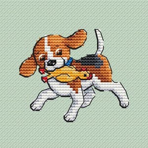 May include: A cross-stitch image of a beagle dog running with a yellow toy in its mouth. The dog is brown, white, and black, with a blue collar and a red heart. The background is a pale green colour.