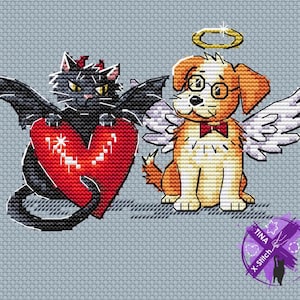 Könnte beinhalten: Kreuzstichmuster mit einer schwarzen Katze mit Teufelsflügeln und einem roten Herz, neben einem Hund mit Engelsflügeln und einem Heiligenschein. Die Katze hält das Herz, und der Hund trägt eine Brille und eine Fliege. Der Hintergrund ist hellblau.