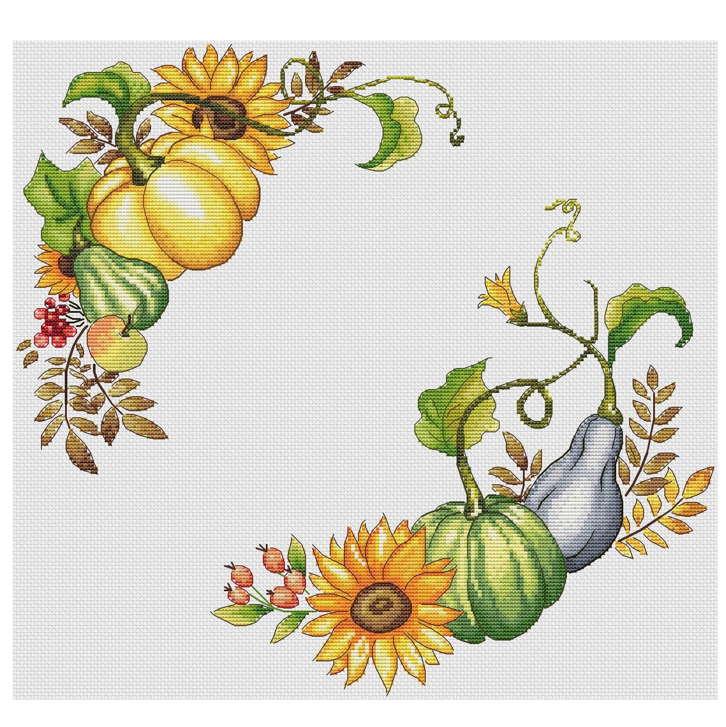 秋の収穫リースのクロスステッチパターン：秋の刺繍（PDFパターン