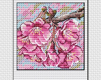 Pink Cherry Blossom Cross Stitch Pattern: Spring Floral Embroidery (PDF Pattern)