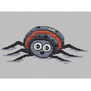 May include: A black and orange cartoon spider with big eyes. The spider is on a grey background.