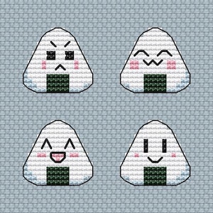 May include: Four white rice balls with different facial expressions. The rice balls are green and black on the bottom and have pink cheeks.