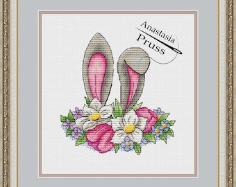 Easter Bunny Cross Stitch Kit ; Floral Embroidery DIY Needlework ; Easter cross-stitch embroidery kit