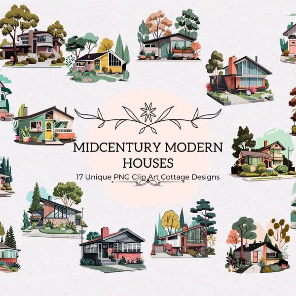 PNG House Clipart | Midcentury Modern House Art | Digital Download Bundle | 17 Housess