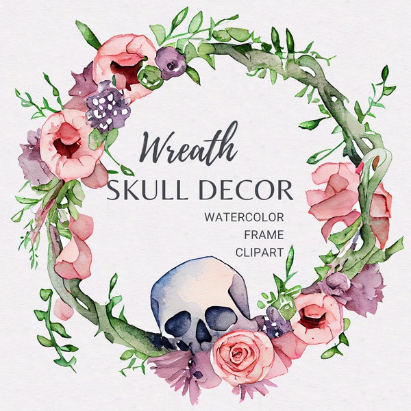 Skull Wreath |Watercolor Wreath PNG | Floral Clipart | Floral Frame | Skull Wreath | Skulls and Roses Wreath
