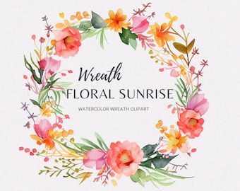 Couronne d’aquarelle PNG | Clipart floral | Cadre floral | Couronne de lever de soleil florale | Fleurs rose orangé | Cadre de mariage