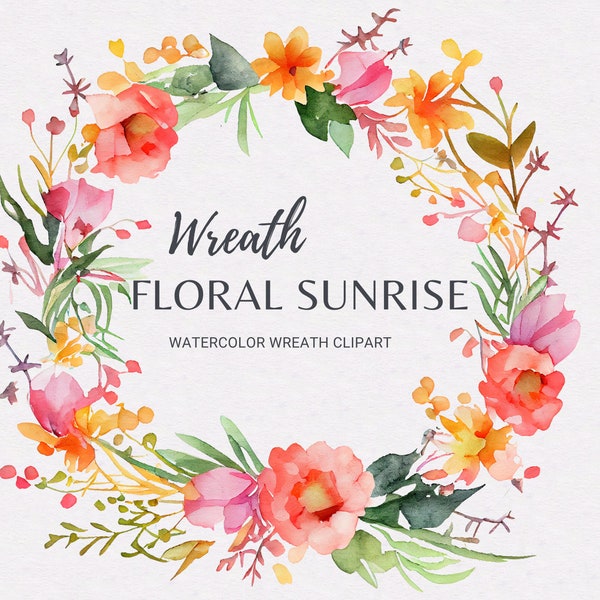 Corona ad acquerello PNG / Clipart floreale / Cornice floreale / Corona floreale dell'alba / Fiori rosa arancio / Cornice nuziale