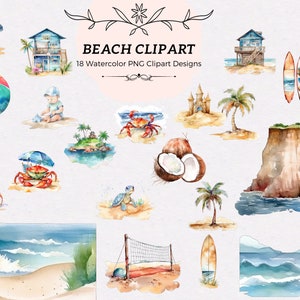 Magical Watercolor Beach Clipart PNG Bundle - Instant Download