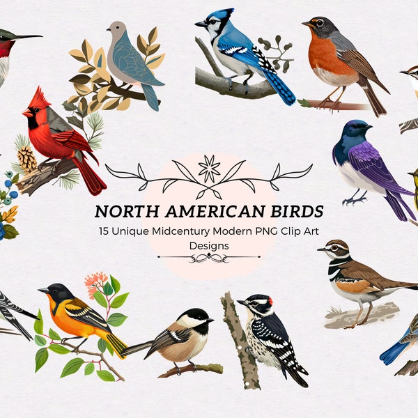 Midcentury Modern Bird Clipart Bundle | North American Bird Illustrations | Retro Bird Designs - Midcentury Modern Art | Bird Illustrations