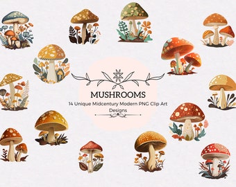 PNG Mushroom Clipart | Painted Mushroom Art | Digital Download Bundle | 24 Mushrooms