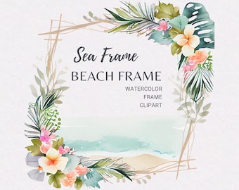 Cadre aquarelle de plage PNG | Clipart de plage florale | Cadre de plage floral | Cadre de mer | Crustacés | Plage png | Sublimation