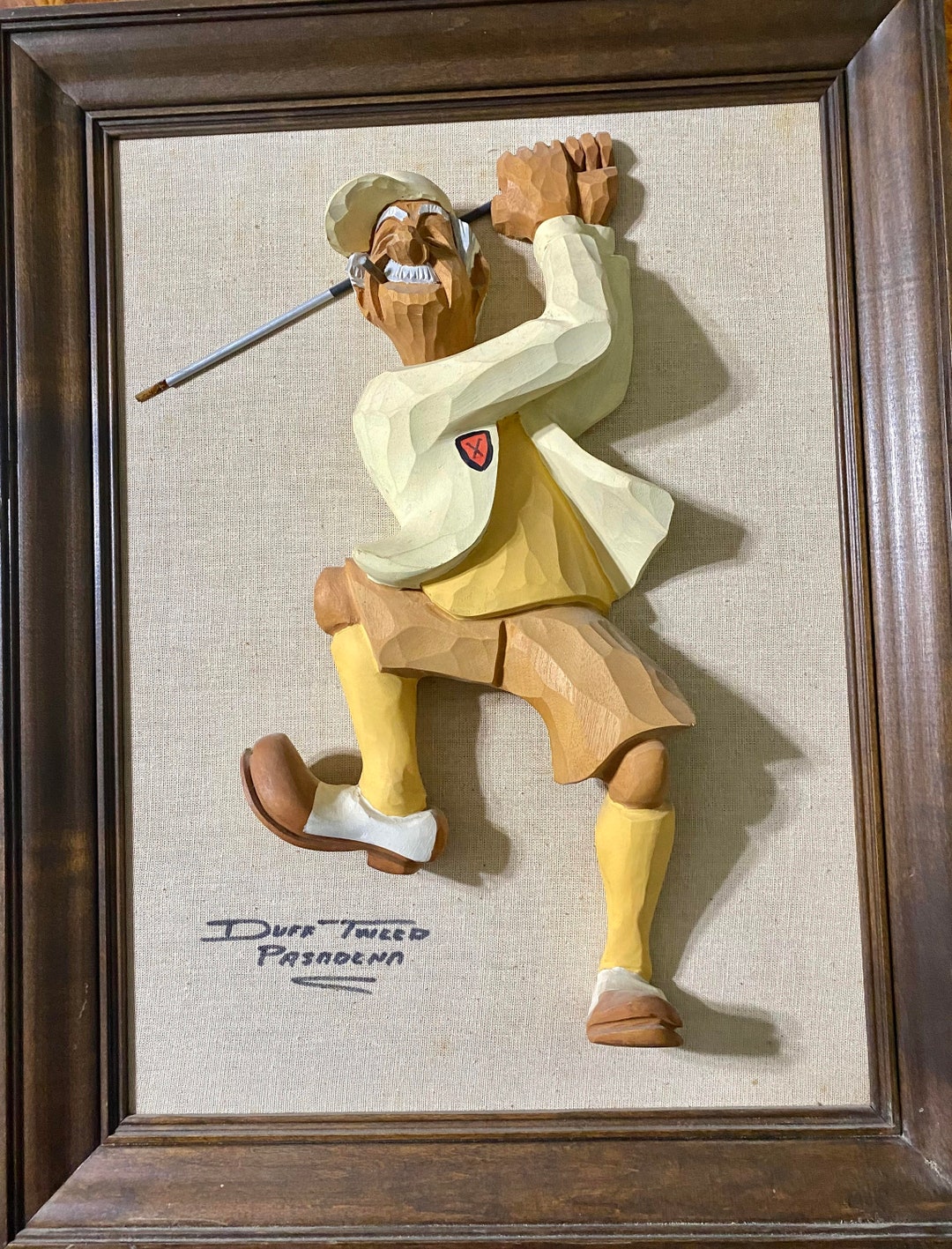 Duff Tweed Wall Carving Wood Sculpture 1970s1980s Golfer Swinging Club