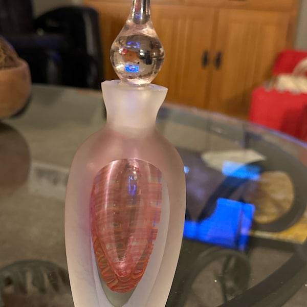Vintage Pink Blown Glass Perfume Bottle with beautiful large pink bubble. Light pink lid.