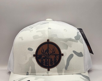White Camo Hunting Hat - OSFM Cap with Elk Antlers & Mountains - Perfect for Outdoor Adventures, Bullseye Range