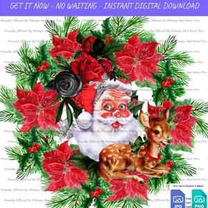 Delightful Vintage Christmas Santa Wreath Image! Instant High Quality 300 DPI Downloadable PNG and JPG Files. Get 2 Files For The Price Of 1