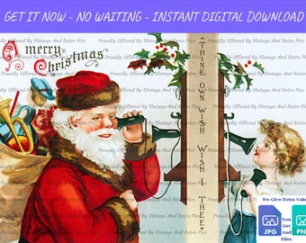 Superbe image vintage du Père Noël rétro avec des fichiers PNG et JPG téléchargeables instantanés de haute qualité 300 DPI. Obtenez 2 fichiers pour le prix d’un