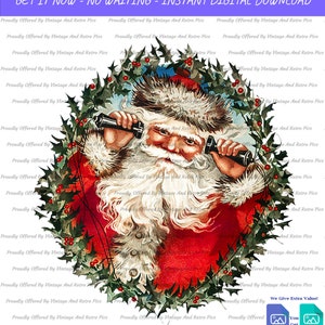 Adorable Retro Santa Wreath Image Art With Instant High Quality 300 DPI Downloadable PNG and JPG Files. Get 2 Files For The Price Of 1
