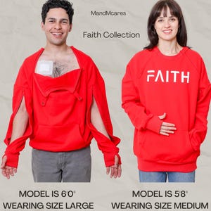 Dialysis,Chemotherapy, Infusion Access Sweatshirt: Chest Port Arm Openings, Thumbholes Red
