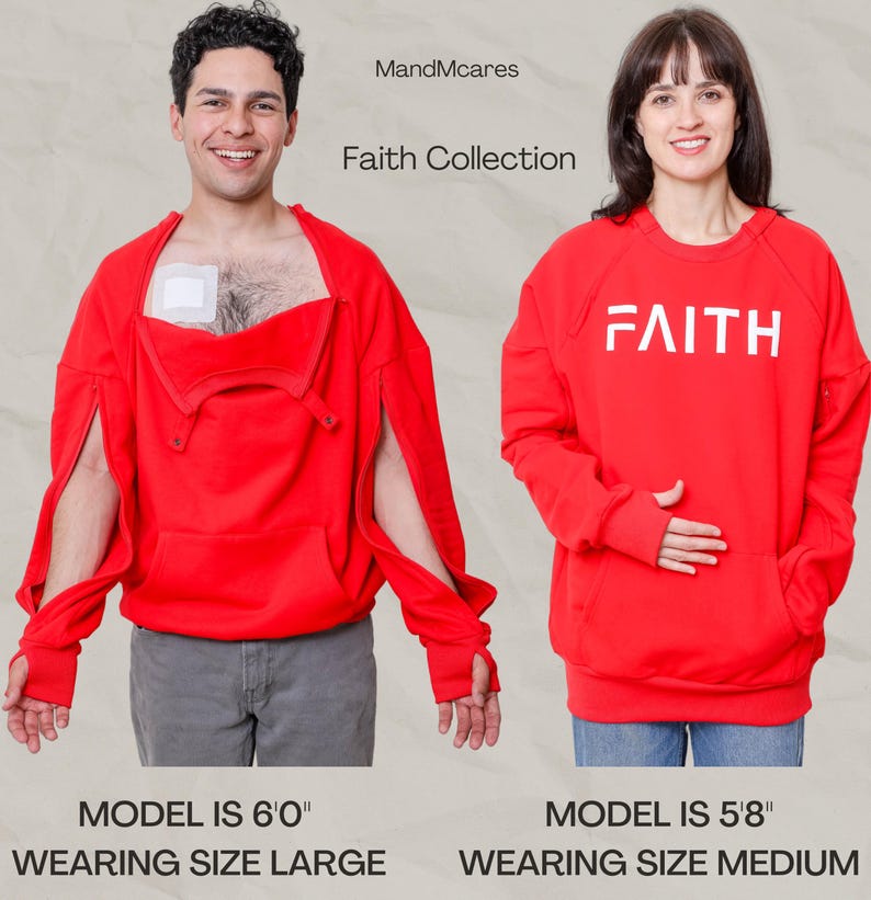 Dialysis,Chemotherapy, Infusion Access Sweatshirt: Chest Port Arm Openings, Thumbholes Red