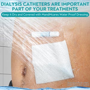 May include: A white shower shield covering a medical catheter on a person's abdomen. The text "Keep it Dry and Covered with MandMcares Water Proof Dressing" is at the top of the image. The text "Only the shower shield, don't come with device" is at the bottom of the image.