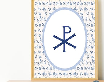 Chi Rho CHRISTIAN Symbol ARTWORK, Printable Catholic Spiritual Floral Poster, Prayer Room, Church, Nursery, Bedroom Décor, Faith Gift