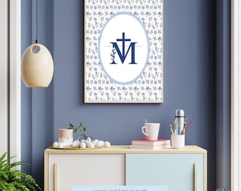 Christian Vintage Inspired Nursery | Marian Cross | Catholic Printable Art | Preppy | Traditional | Floral | Nursery | Classic | Blue White