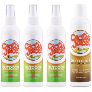 May include: Three 6-ounce bottles of Cactus Juice Outdoor Skin Protectant Spray and one 8-ounce bottle of Cactus Juice Outdoor Protectant Lotion. All bottles are white with a green and orange label featuring the Cactus Juice logo.