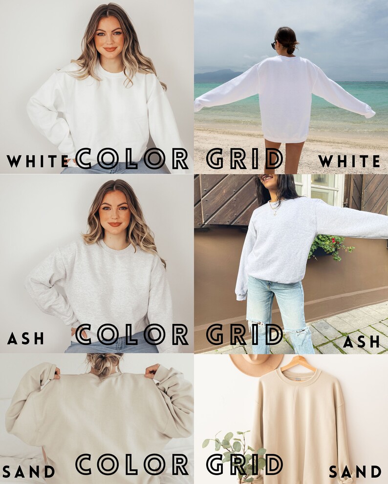 Op de afbeelding: Een kleurenkaart met drie verschillende kleuren sweatshirts: wit, as en zand. Elk sweatshirt is een ronde hals met lange mouwen.