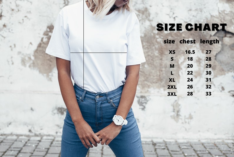 Op de afbeelding: Maattabel voor een wit T-shirt. De tabel toont de borst- en lengtemaat in inches voor de maten XS, S, M, L, XL, 2XL en 3XL.