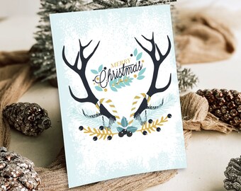 Antler Christmas Card Script, Snow, Holiday Card, Digital Download, Printable Holiday Card, Instant Christmas Card, PDF Printable Christmas