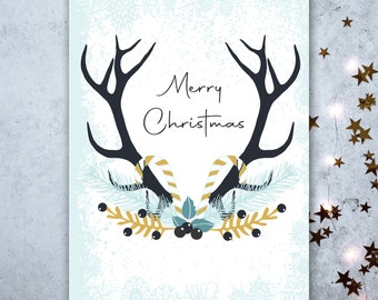 Antlers Christmas Card Script, Instant Christmas Card, Deer, Digital Download, Holiday Card, Printable Holiday Card, PDF Printable Christmas