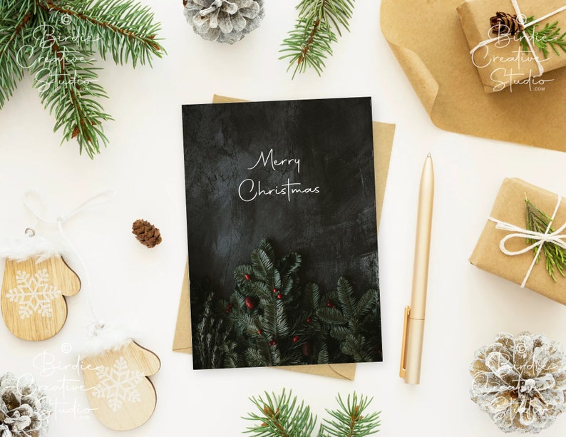 Christmas Card Script, Photo, Tree, Instant Christmas, Gold, Digital Download, Holiday Card, Printable Holiday Card, PDF Printable Christmas image 1