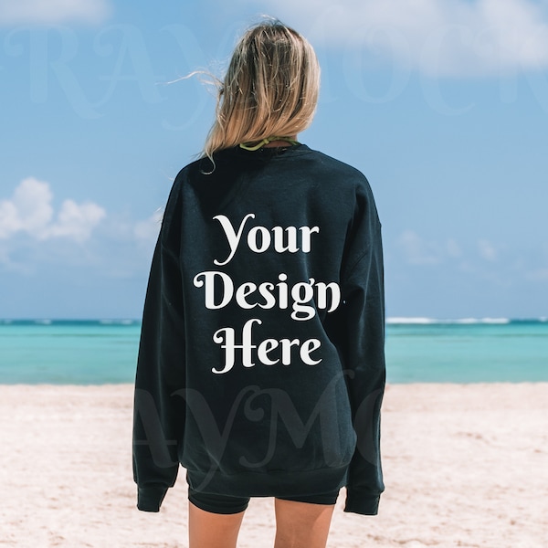 Gildan 18000 Black Crewneck Mockup, Oversized Sweatshirt Mockup, Trendy Model Mockup, Outdoor Beach Mockup, Nature Mockup, Lifestyle Mockup