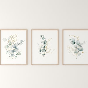 Botanical Print Set of 3, Green Gallery Wall art, Eucalyptus Gold Printable Art, Modern Minimalist Art,Watercolor Greenery Home Decor