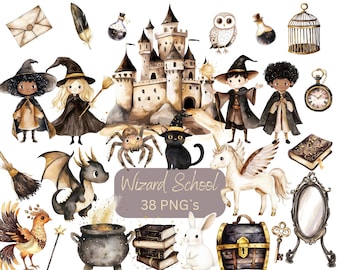 Watercolor Wizard School Clipart: Gold Magic Graphics (Digital Download)