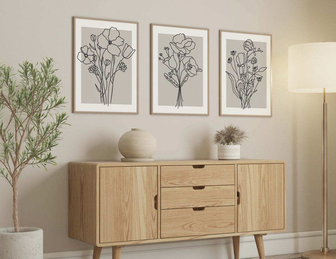 Flower Line Art Prints, Floral Wall Art, Flower Bouquet Wall Art