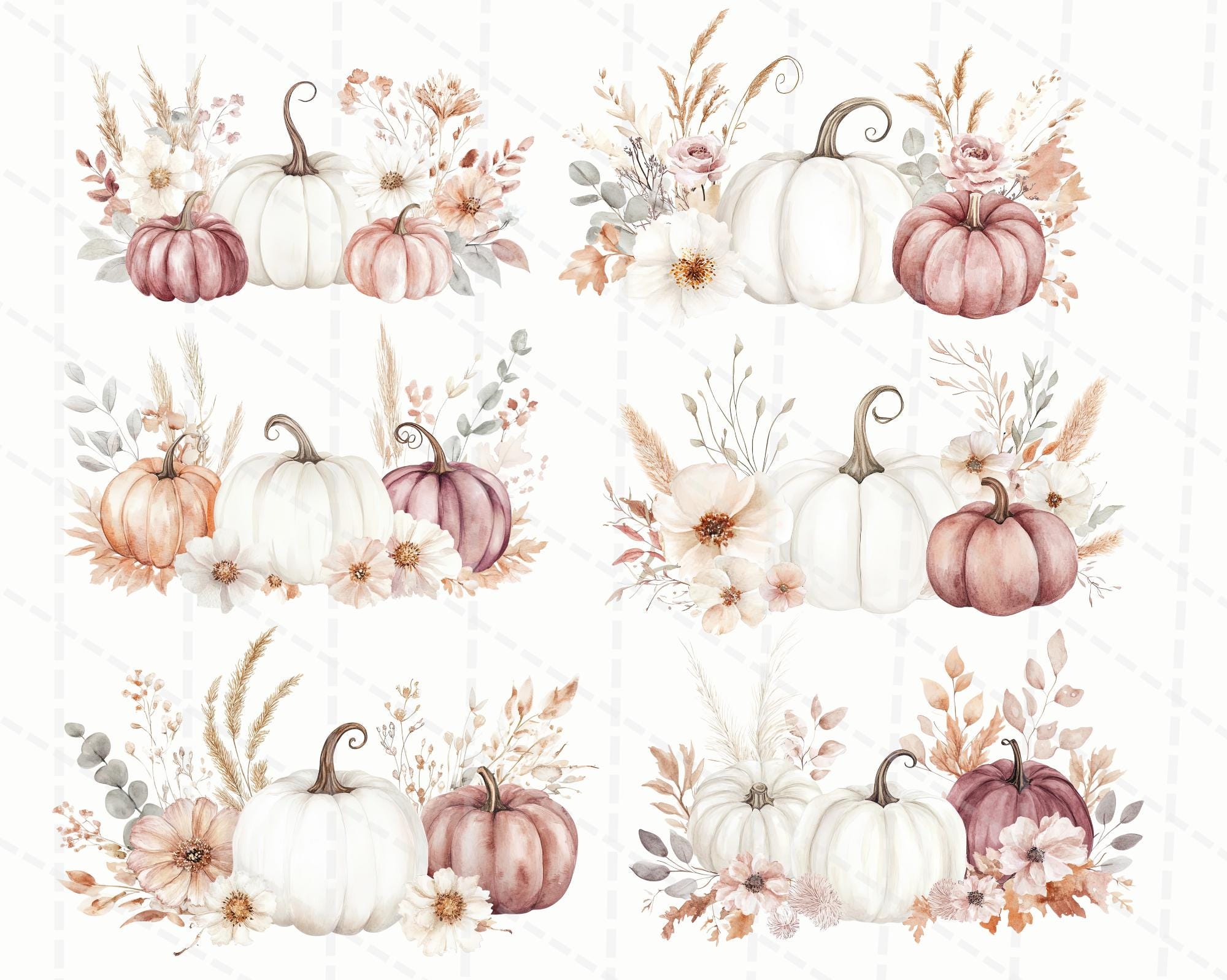 Watercolor Pumpkin Clipart Set,fall Floral Bouquets Pngs,commercial Use ...