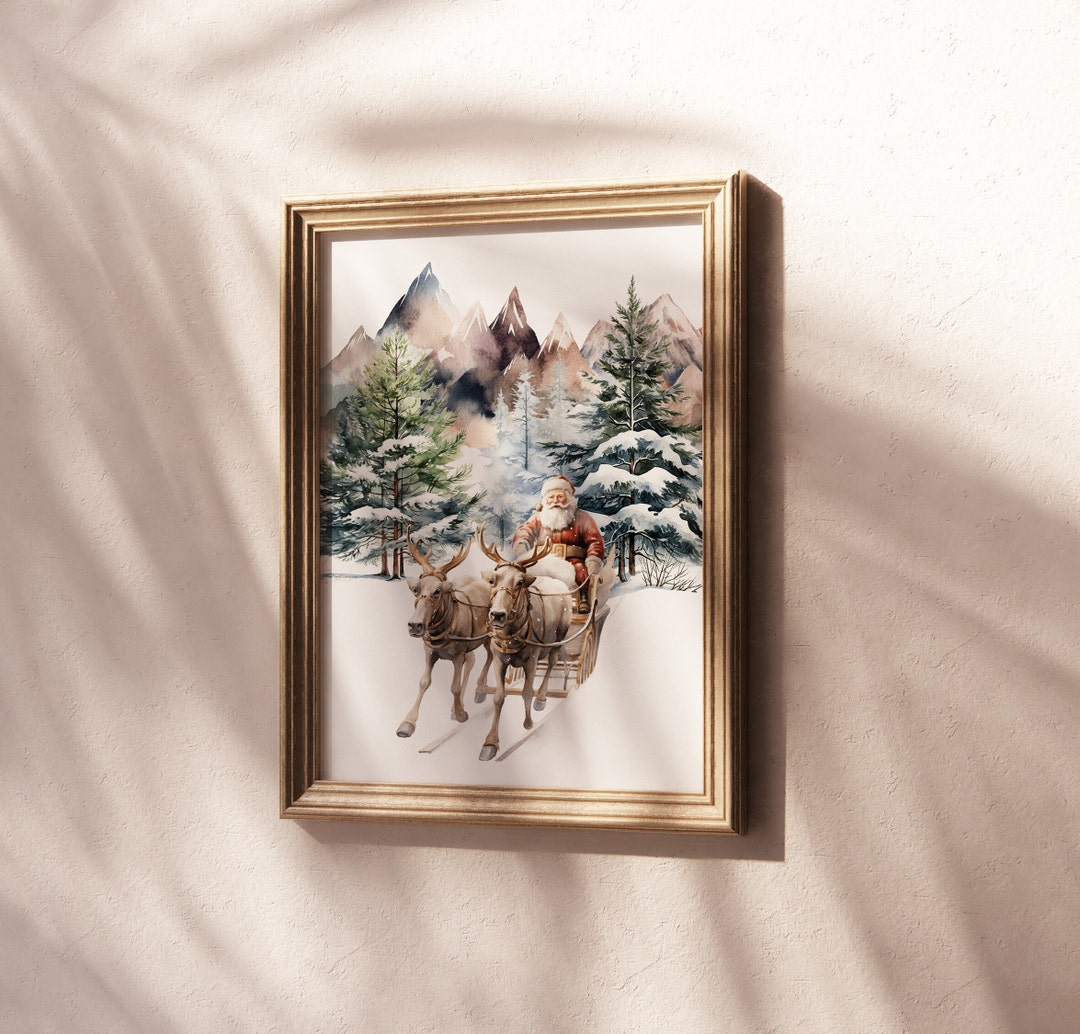 Santa Claus and Reindeer Wall Art Print,holiday Vintage Print,christmas