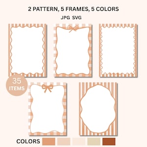 May include: Digital design set featuring five frames in various shapes and patterns, including gingham and stripes. The frames are in shades of peach and white, with a bow accent on some. Text at the top reads "2 PATTERN, 5 FRAMES, 5 COLORS" and "JPG SVG".