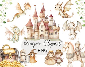 May include: Watercolor illustration featuring a castle, dragons, a treasure chest, and storybook characters. The text "Dragon Clipart PNG" is written in a script font. The image has a fantasy theme with soft colors.
