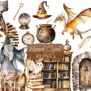 Könnte beinhalten: Aquarell-Illustration mit Zauberer-Themen-Cliparts. Enthält einen Zauberer, Drachen, Zaubertrankflasche, Kristallkugel, Kessel, Eule, Bücher und eine Holztür. Der Text "Wizard Clipart" und "43 PNG's" ist ebenfalls enthalten.