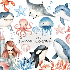 May include: A collection of watercolour illustrations featuring marine life such as a shark, dolphin, octopus, and whale. The image includes a mermaid, a castle, and the text "Ocean Clipart". The style is whimsical and cartoon-like.