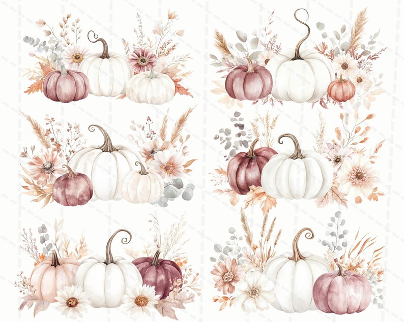 Watercolor Pumpkin Clipart Set,fall Floral Bouquets Pngs,commercial Use ...
