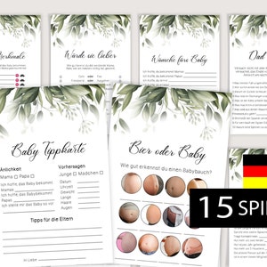 Niemieckie gry Babyparty, pakiet gier Babyparty, gry neutralne pod względem płci, pobieranie cyfrowe, minimalistyczne gry Babyparty