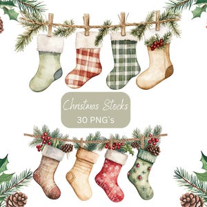 Può includere: Illustrazione ad acquerello di calze natalizie appese a un filo, decorate con aghi di pino, bacche e pigne. Le calze presentano vari motivi e colori, tra cui verde, rosso e beige. È presente anche il testo "Christmas Stocks 30 PNG's".