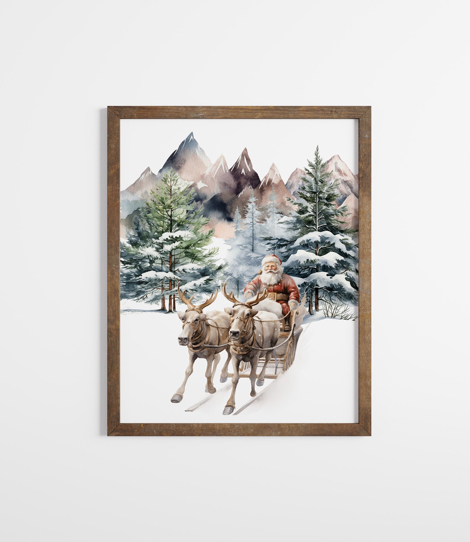 Santa Claus and Reindeer Wall Art Print,holiday Vintage Print,christmas